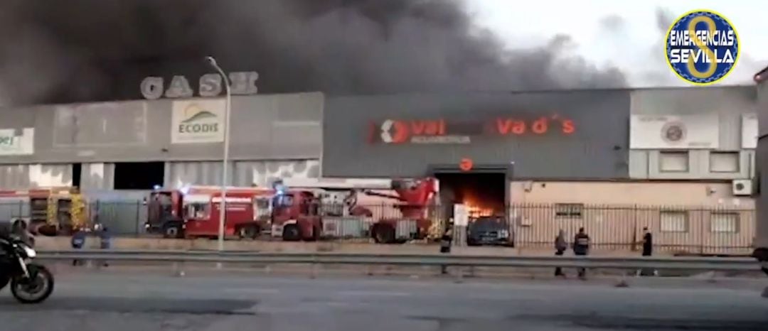 Los bomberos de Dos Hermanas han recibido apoyo de los bomberos de la capital para sofocar las llamas que han afectado a una nave del polígono Fuente del Rey (Dos Hermanas)