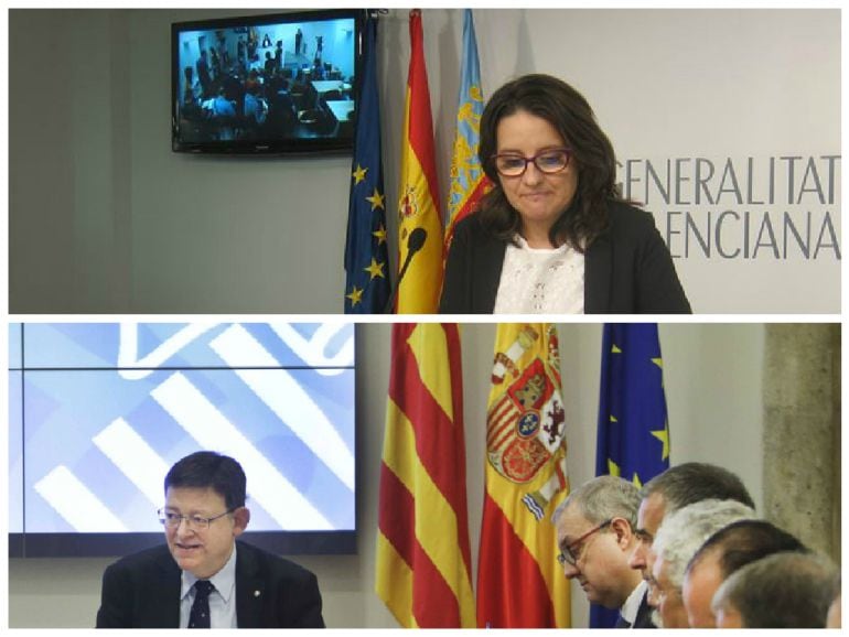 En la parte superior las banderas colocadas en una rueda de prensa reciente tras el pleno del Consell. En la parte inferior las banderas en la presentación del Consell Valencià de la Innovació presidido por Puig