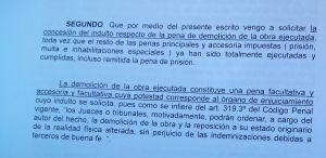 Extracto de la petición de indulto parcial elevada por los afectados ante la Subdelegación del Gobierno