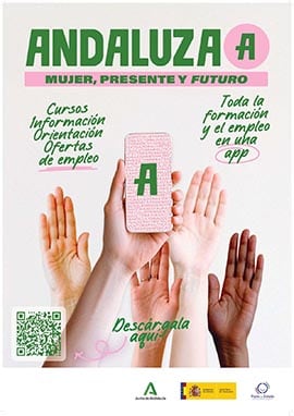 Cartel de la app ANDALUZA (A) con un QR que facilita su descarga.