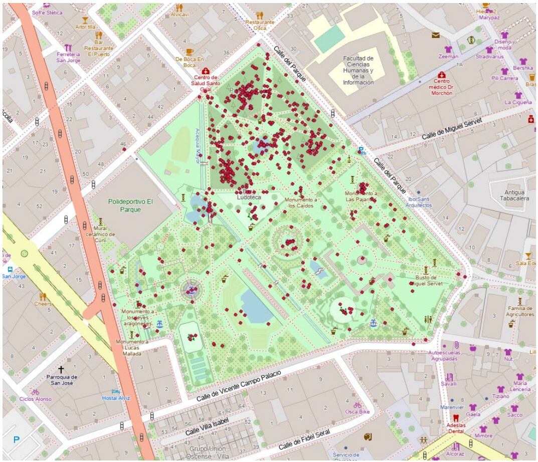 Zonas más utilizadas o favoritas del parque Miguel Servet, según se extrae de los resultados de la encuesta