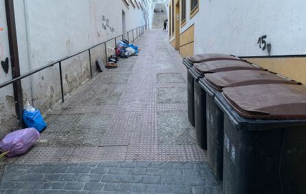 Bolsas de basura tiradas en el suelo en la calle Las Cumbres.