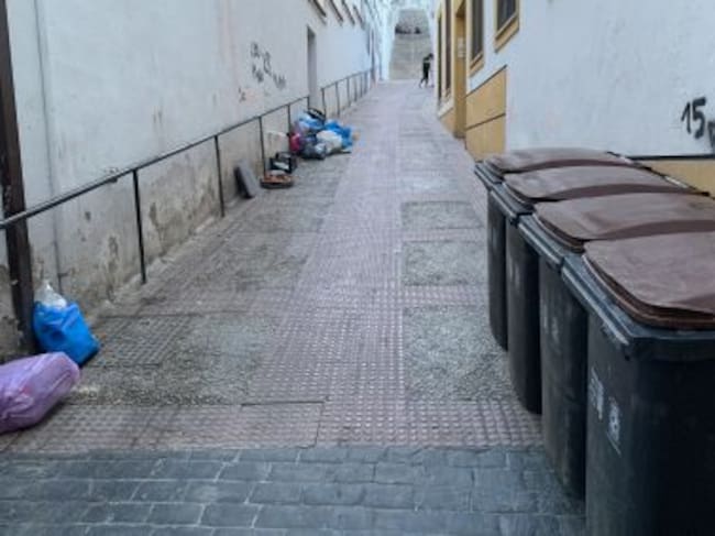 Bolsas de basura tiradas en el suelo en la calle Las Cumbres.