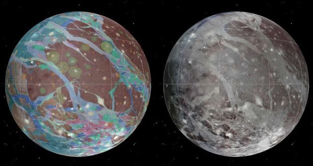 Mosaico y mapas geológicos de la luna de Júpiter, Ganímedes, creados a partir de las mejores imágenes disponibles de las naves espaciales Voyager 1 y 2 y la nave espacial Galileo de la NASA.