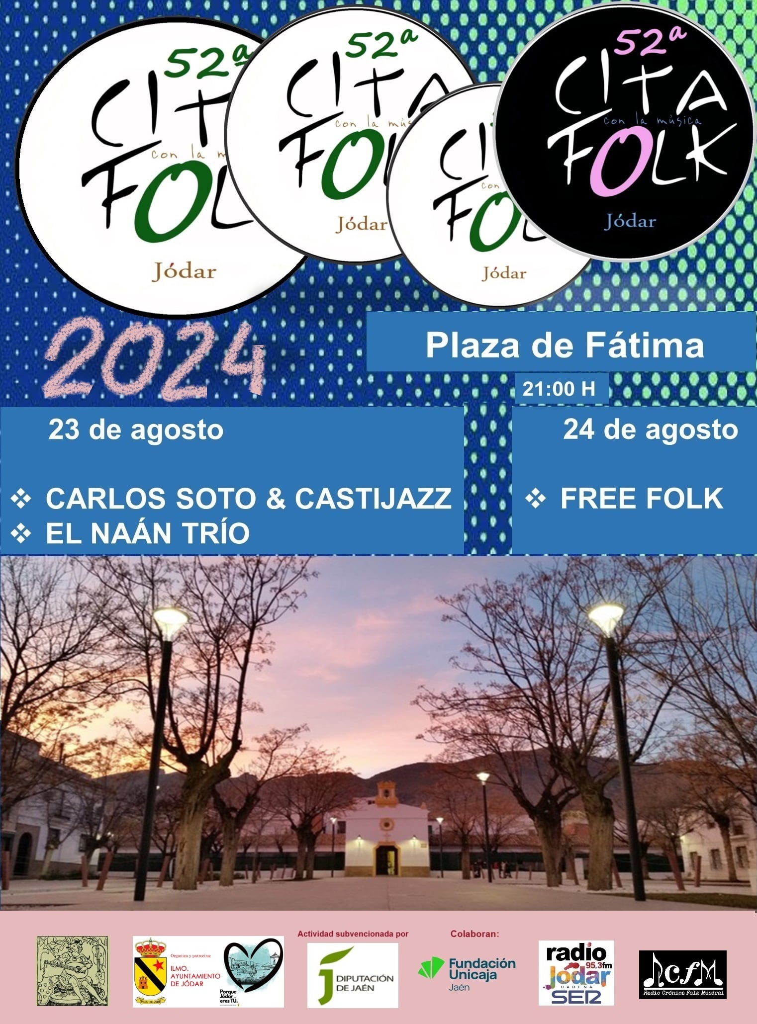 Cartel anunciador con los conciertos de esta semana de la 52 Cita con la Música Folk Jódar 2024