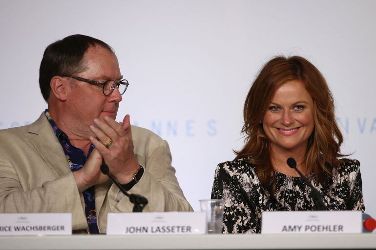 CANNES, FRANCE - MAY 18:  Chief Creative Officer at Pixar, Walt Disney Animation Studios and DisneyToon Studios John Lasseter and actress Amy Poehler attend the press conference for &quot;Inside Out&quot; during the 68th annual Cannes Film Festival on May 18, 2015 