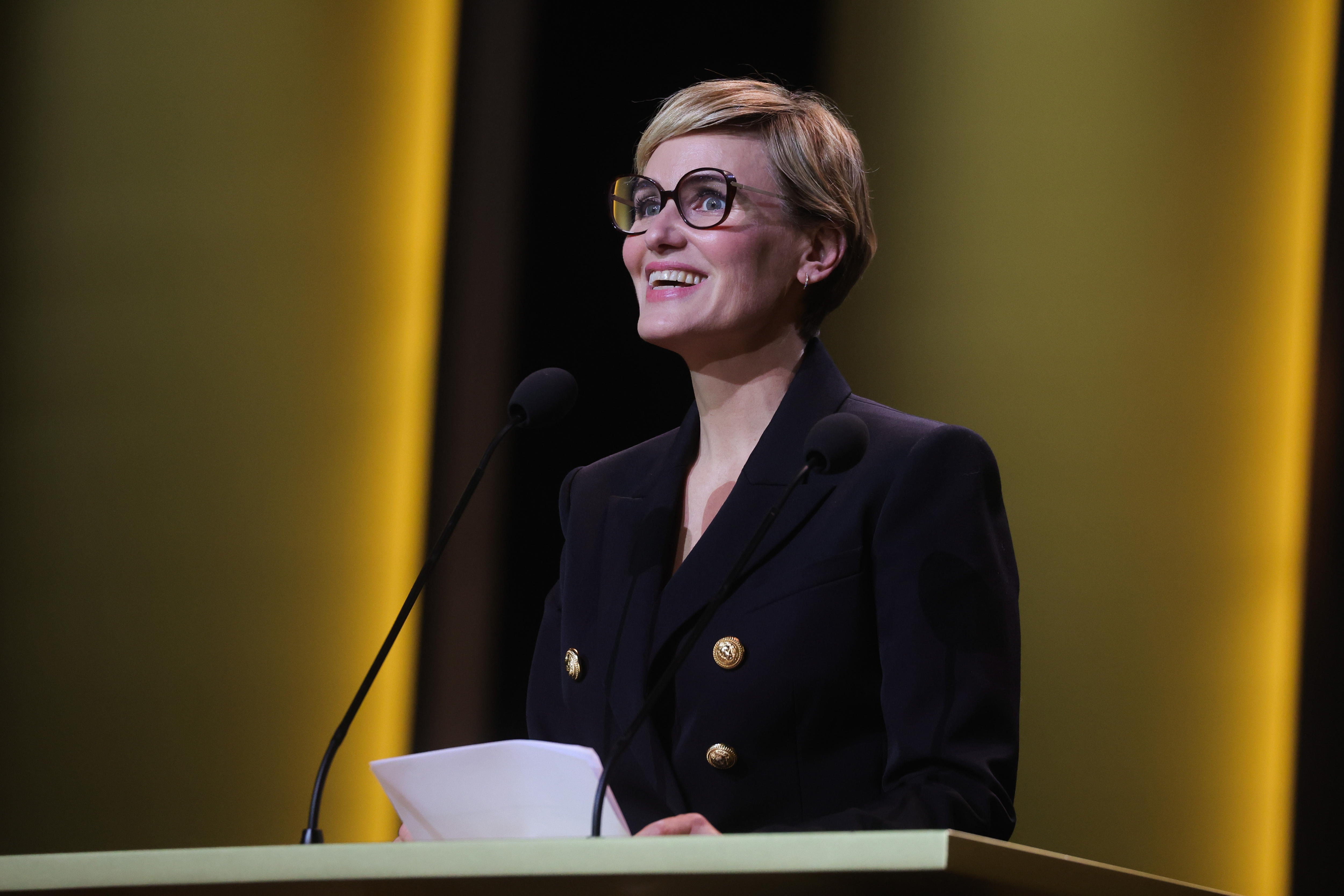 French actress Judith Godreche speaks during the 49th annual Cesar awards ceremony held at the Olympia concert hall in Paris, France, 23 February 2024. The awards are presented by the French Academy of Arts and Techniques of Cinema.