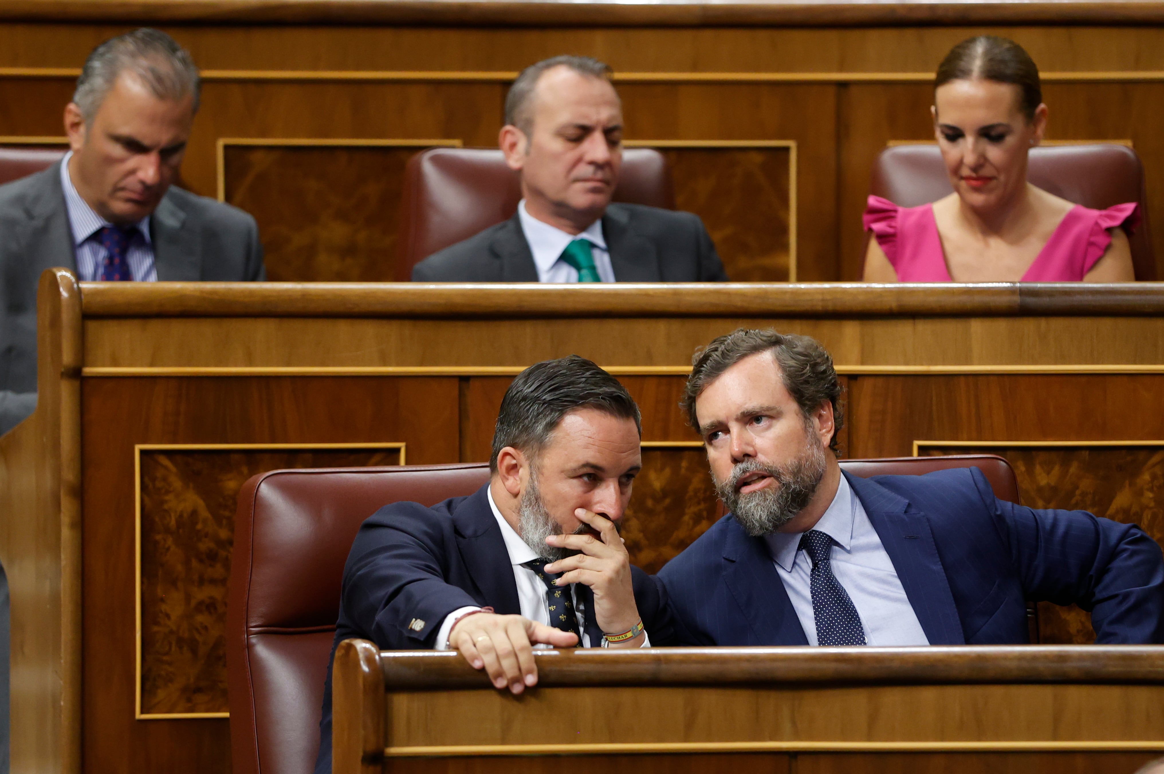 El líder de Vox, Santiago Abascal (i) escucha a su portavoz parlamentario, Iván Espinosa de los Monteros (d) durante la sesión extraordinaria en el Congreso de los Diputados (EFE/ Mariscal).