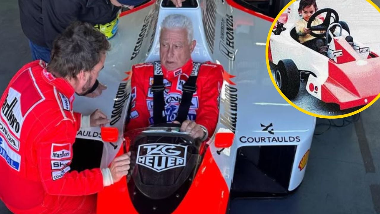 Montaje fotográfico de Alonso, con su padre, probando el McLaren MP4/4-B.