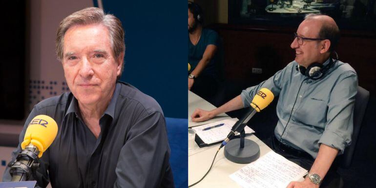 Iñaki Gabilondo y Antoni Bassas, en los estudios de la SER de Madrid y Barcelona.