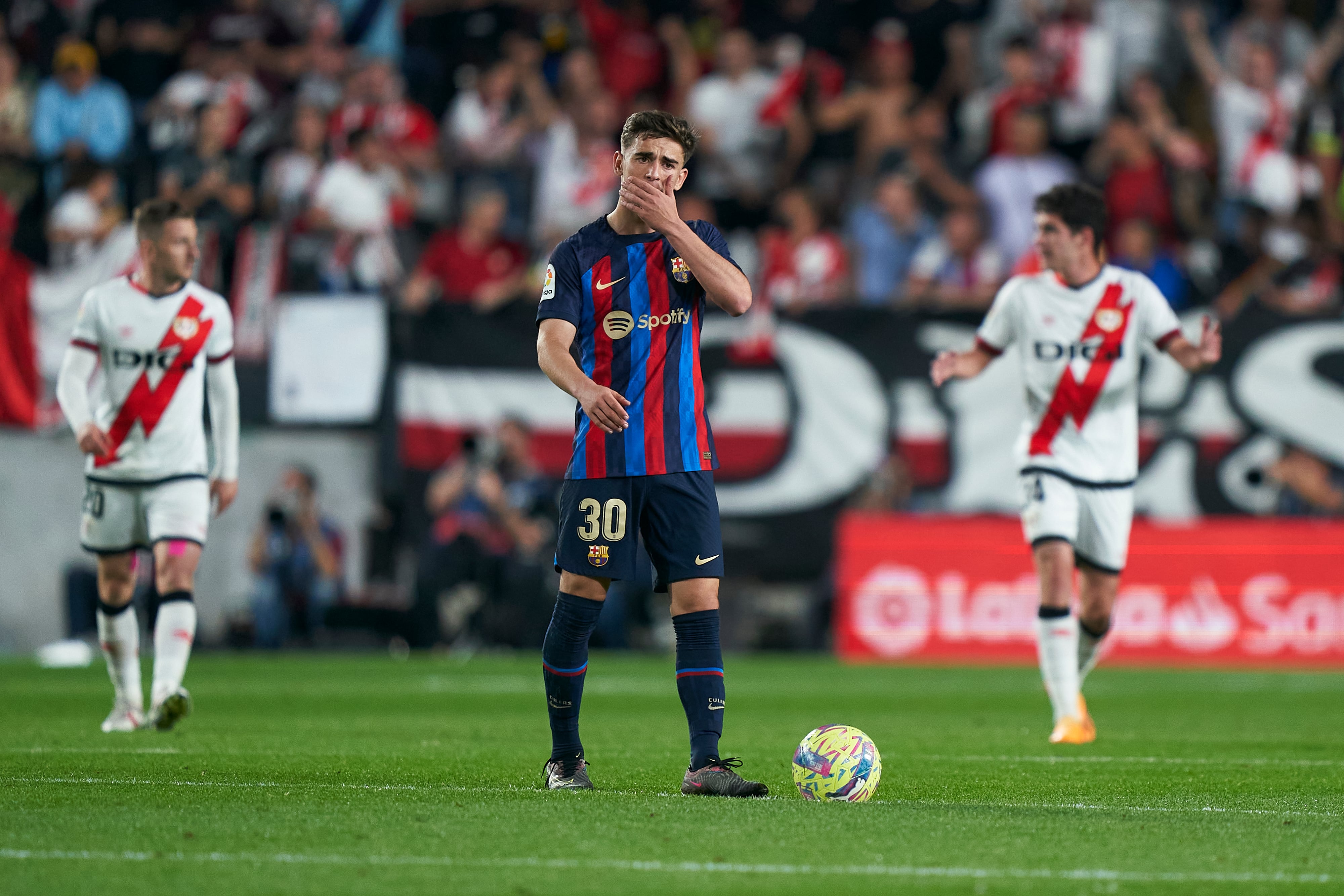 MADRID, SPAIN - APRIL 26: Pablo Gavi of FC Barcelona reacts during the LaLiga Santander match between Rayo Vallecano and FC Barcelona at Campo de Futbol de Vallecas on April 26, 2023 in Madrid, Spain. (Photo by Jose Manuel Alvarez/Quality Sport Images/Getty Images)