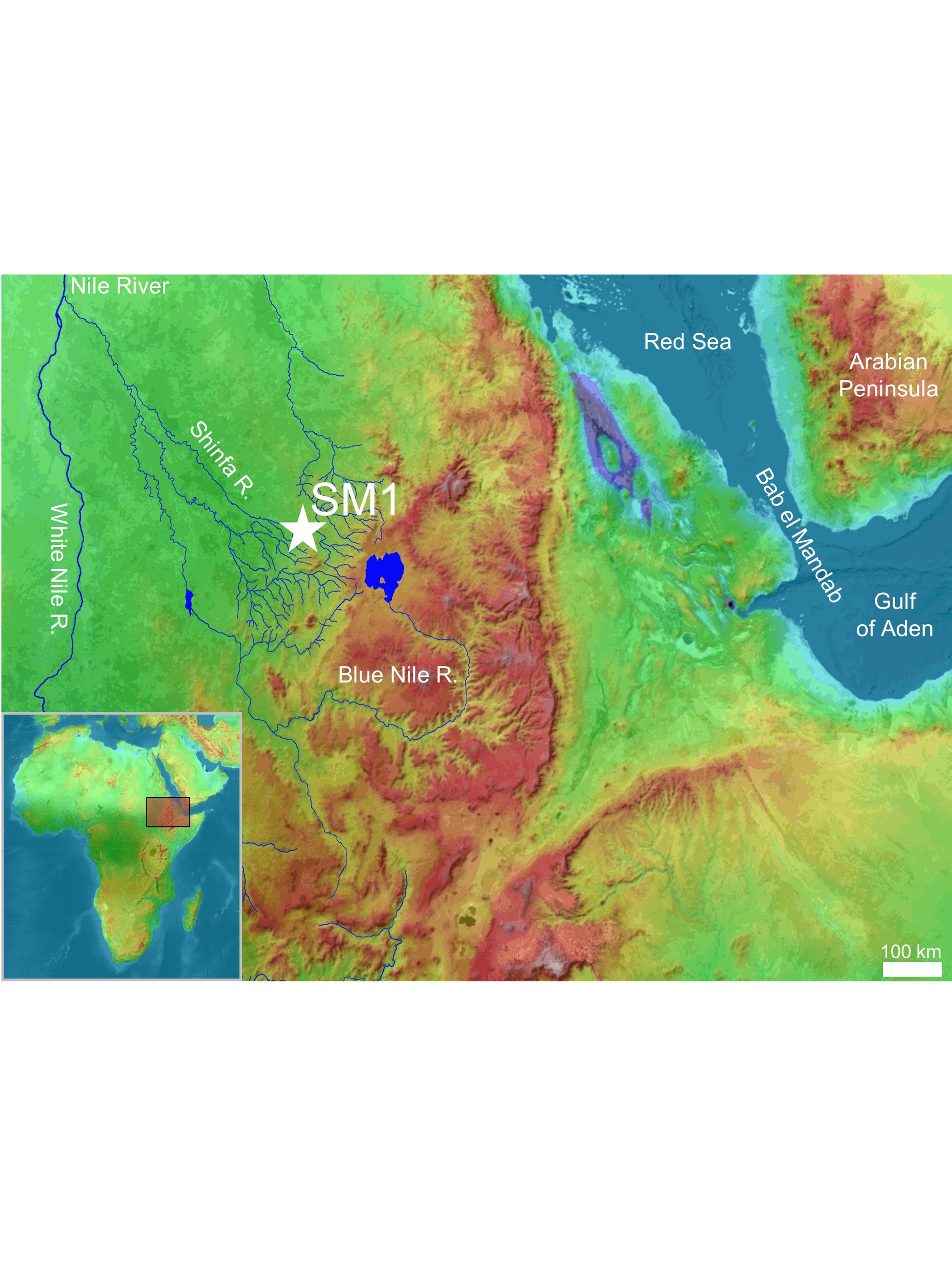 Las excavaciones en un yacimiento arqueológico de la Edad de Piedra Media, Shinfa-Metema 1, en las tierras bajas del noroeste de Etiopía, revelaron una población humana de hace 74.000 años que sobrevivió a la erupción del supervolcán Toba. A partir de https://topographic-map.com Open Database License (ODbL) v 1.0