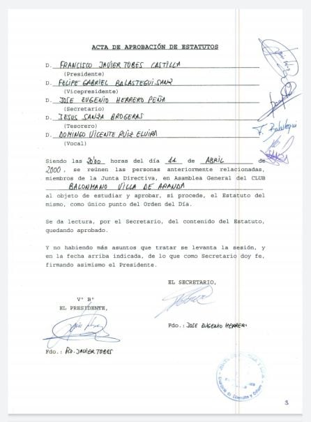 El acta fundacional del Club Balonmano Villa de Aranda del año 2000.