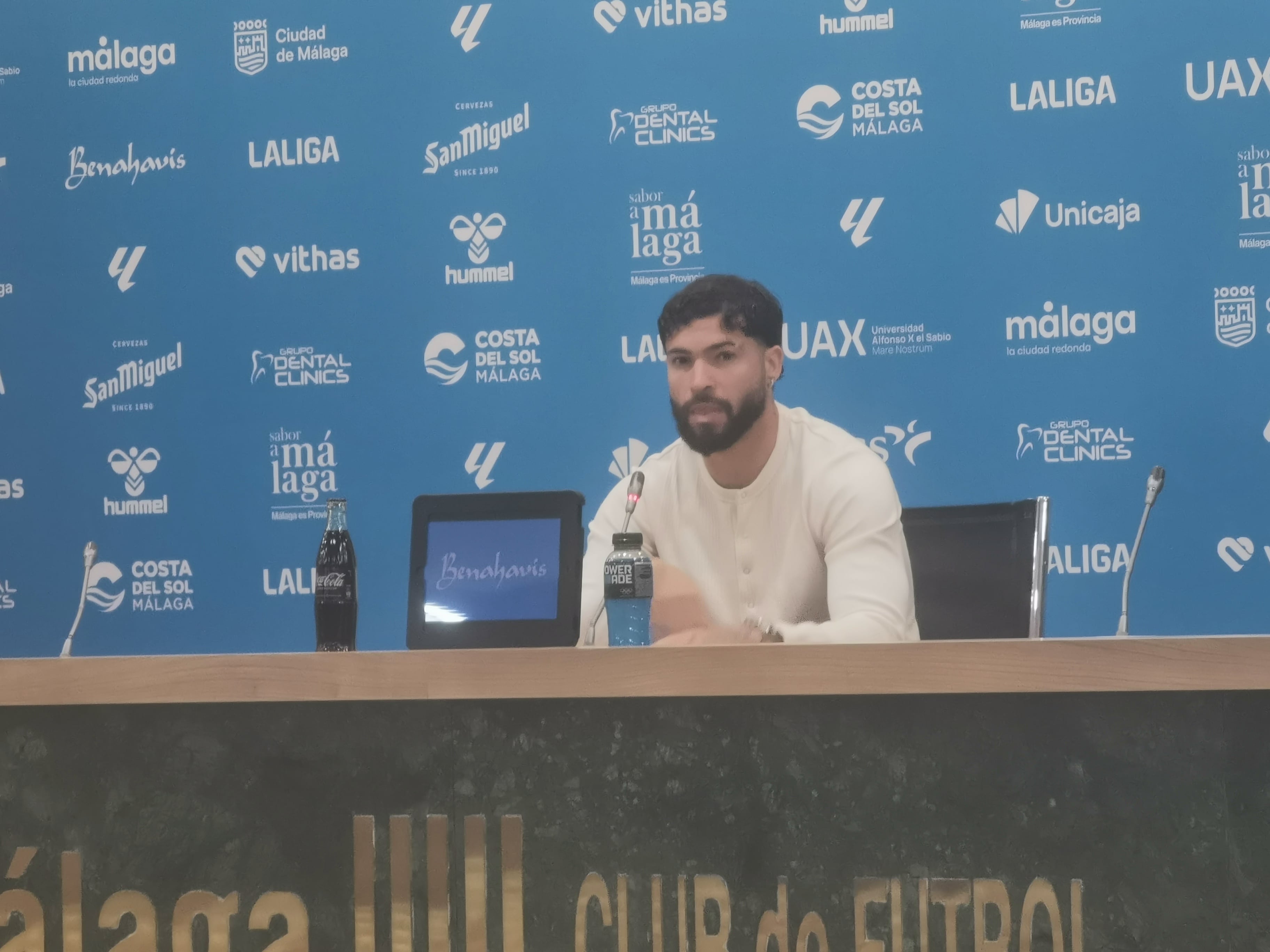 Dani Sánchez, en la sala de prensa de La Rosaleda