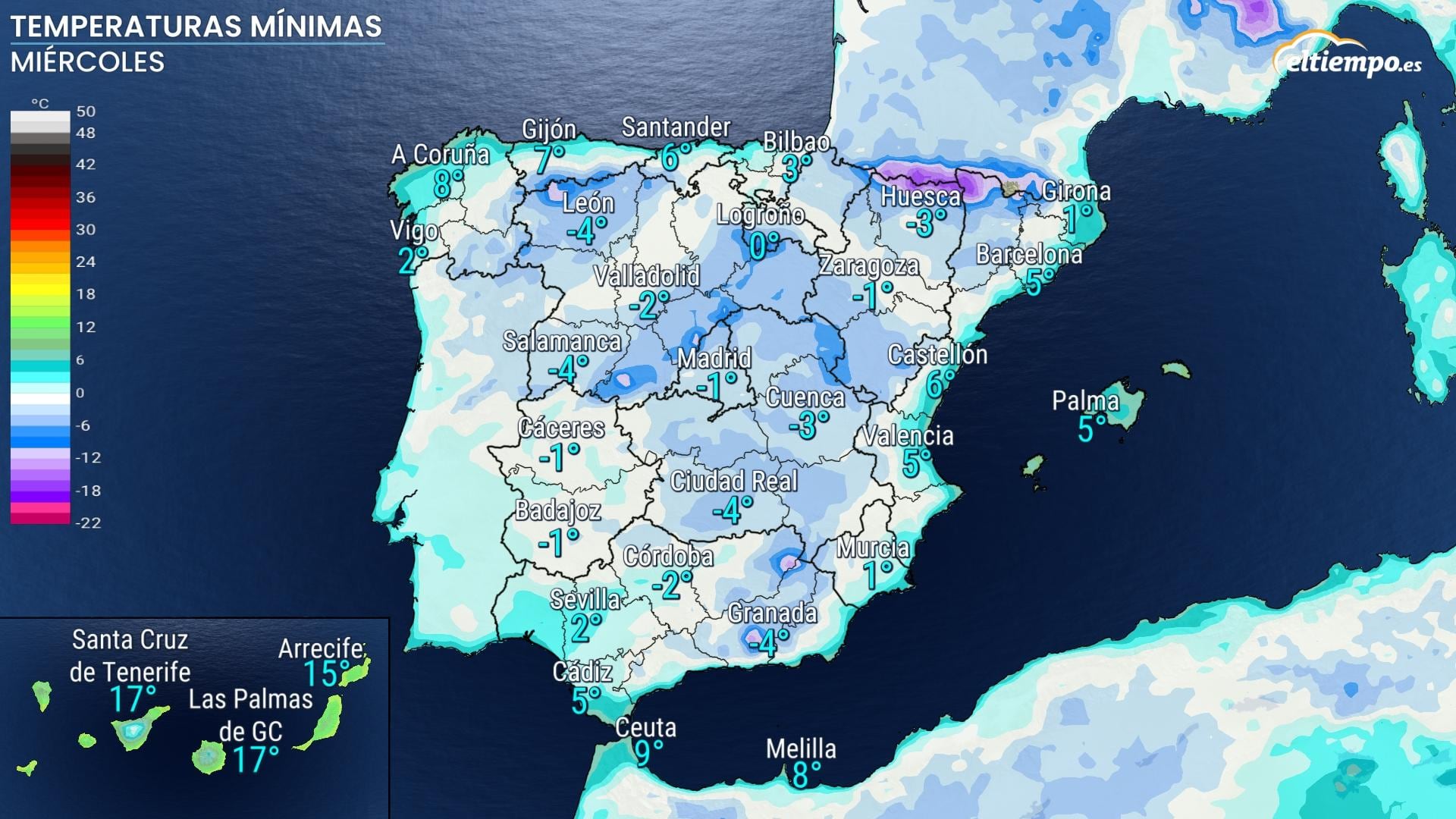 Mapa de temperaturas previstas para el 25 de enero.
