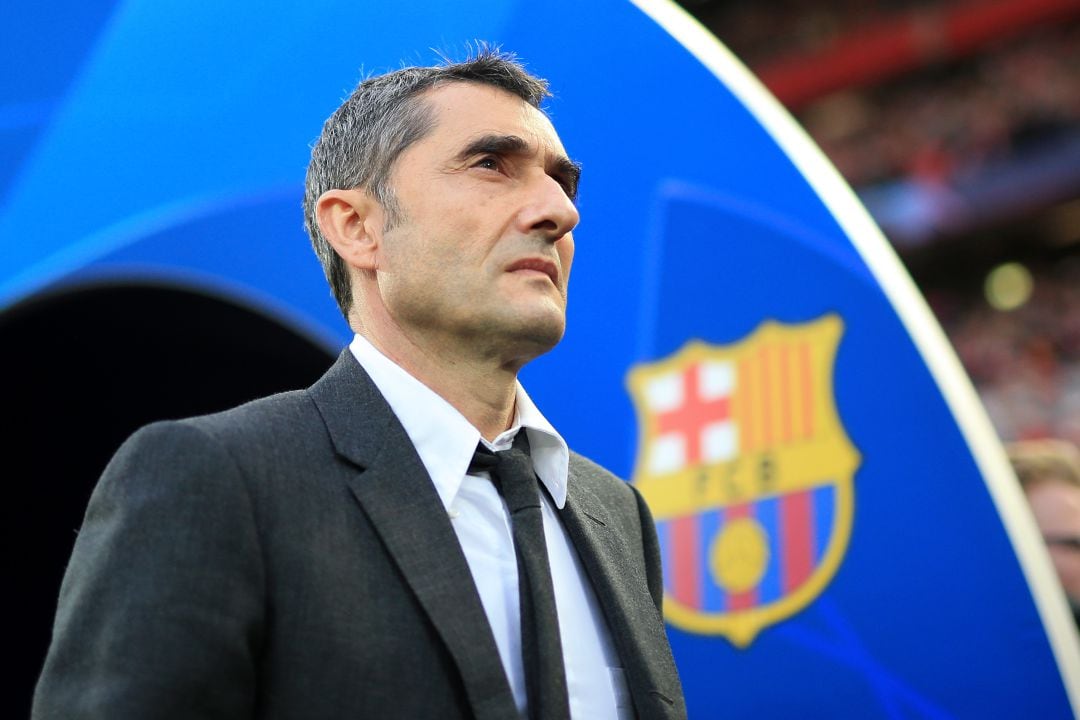 Ernesto Valverde, durante el coche de semifinales de la Champions en Anfield