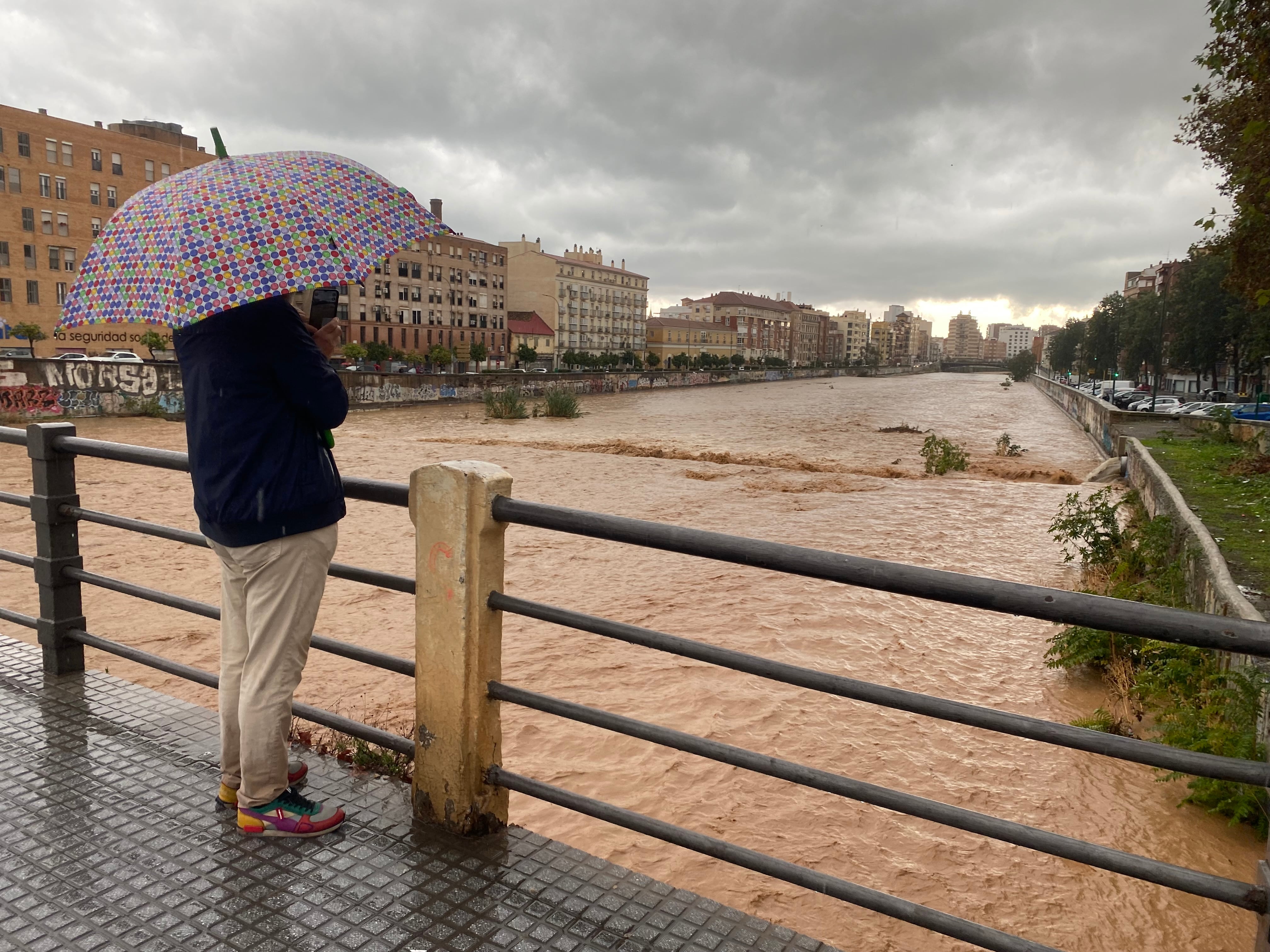 MA07. MÁLAGA, 13/11/2024.- Un hombre observa el aspecto que presenta el río Guadalmedina a su paso por Málaga este miércoles en el que las fuertes lluvias y granizo que se registran están causando inundaciones y acumulación de grandes balsas en algunas de las principales avenidas de todos los distritos de la ciudad.EFE/María Alonso
