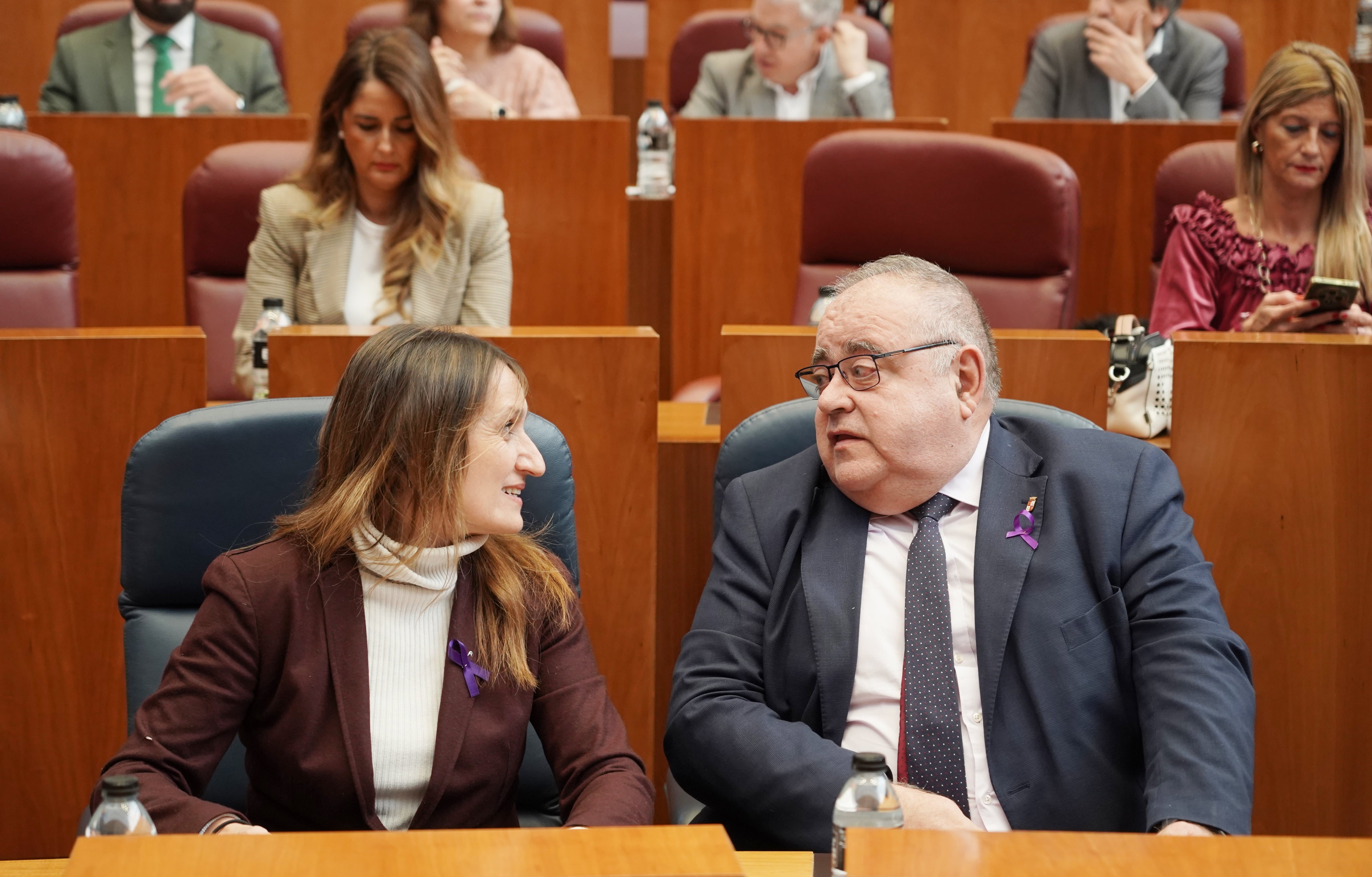 La consejera de Educación, Rocío Lucas, junto al consejero de Sanidad, Alejandro Vázquez, durante el pleno de las Cortes