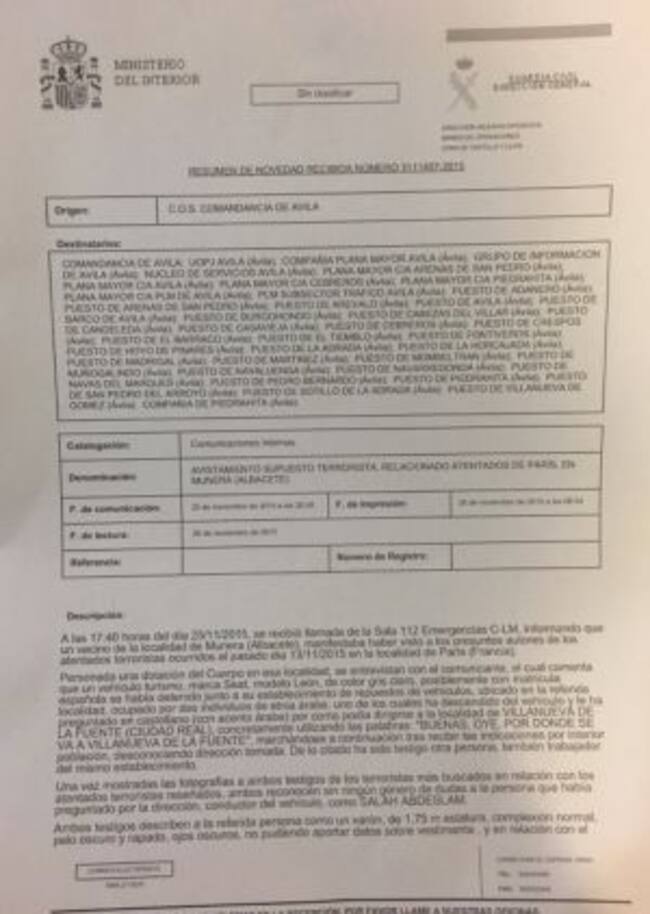 Atestado de la guardia civil con la supuesta visita del terrorista a Munera