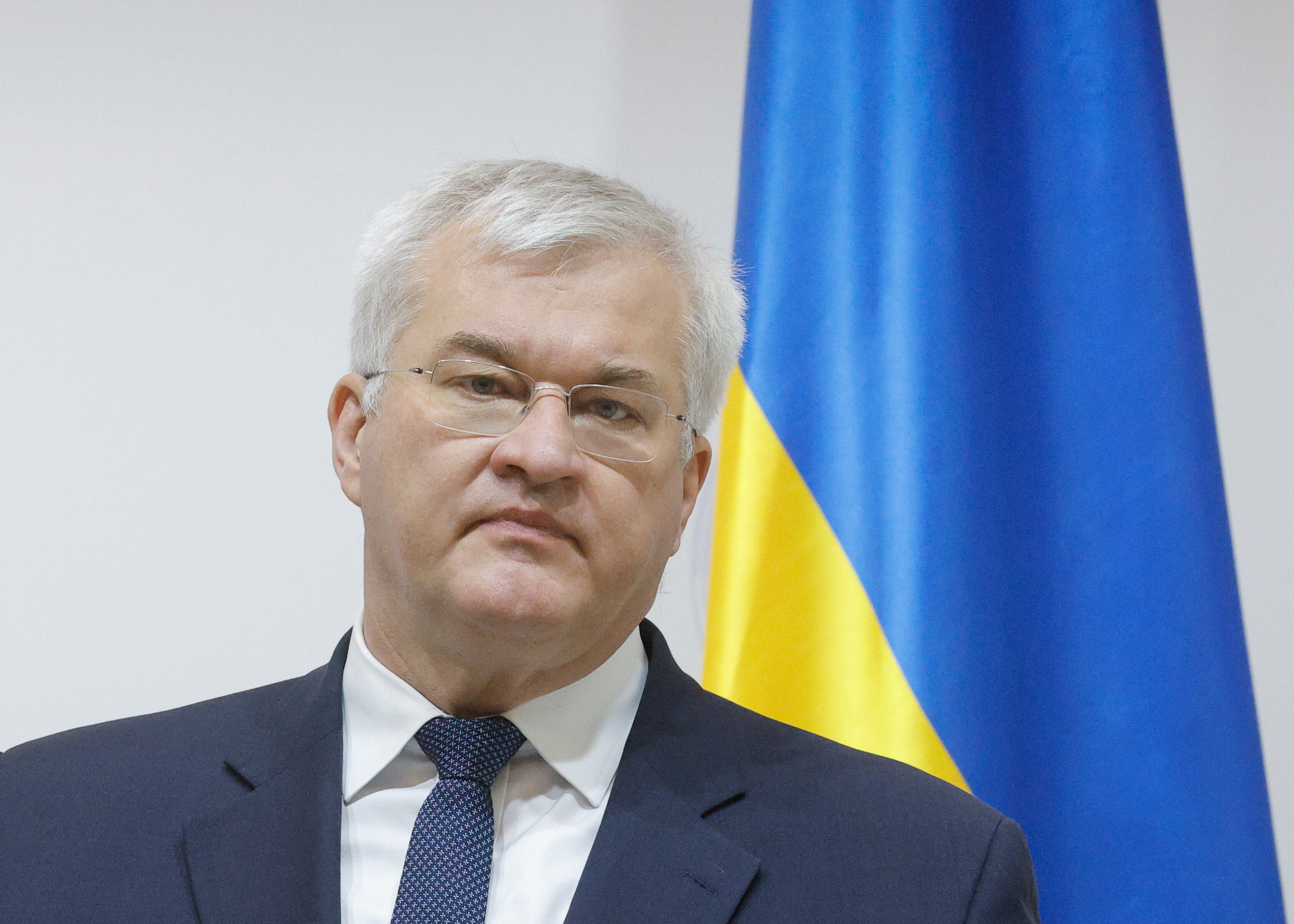 El ministro de Exteriores de Ucrania, Andrii Sybiha, durante su comparecencia este mediodía en Kiev