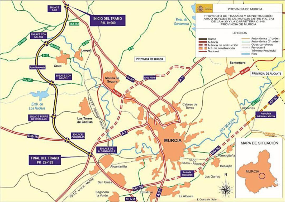 Mapa del proyecto de obras del Arco Noroeste y Arco Norte de Murcia