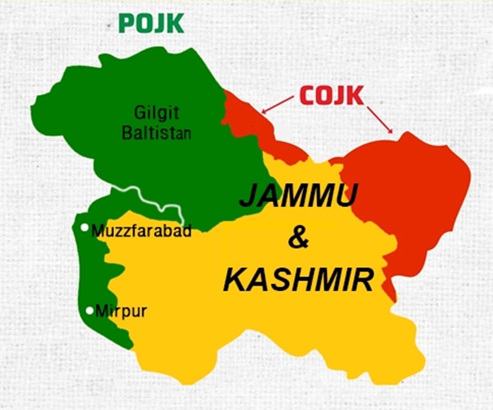 La parte amarilla del mapa de la región de Cachemira pertenece a la India, la parte verde a Pakistán y la parte roja a China.