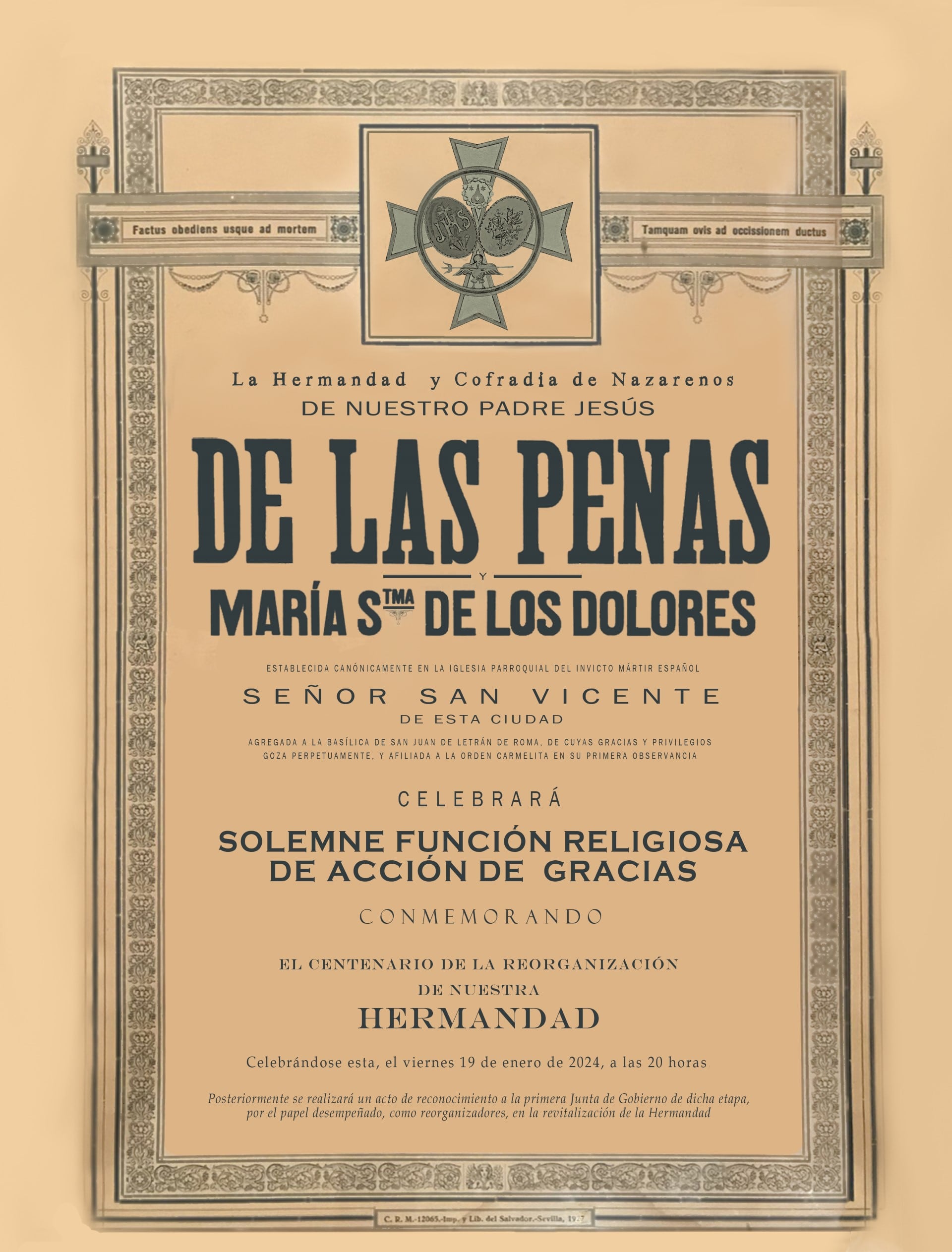 Cartel convocatoria de la misma de acción de gracias que celebra este viernes Las Penas de San Vicente por el centenario de su reorganización