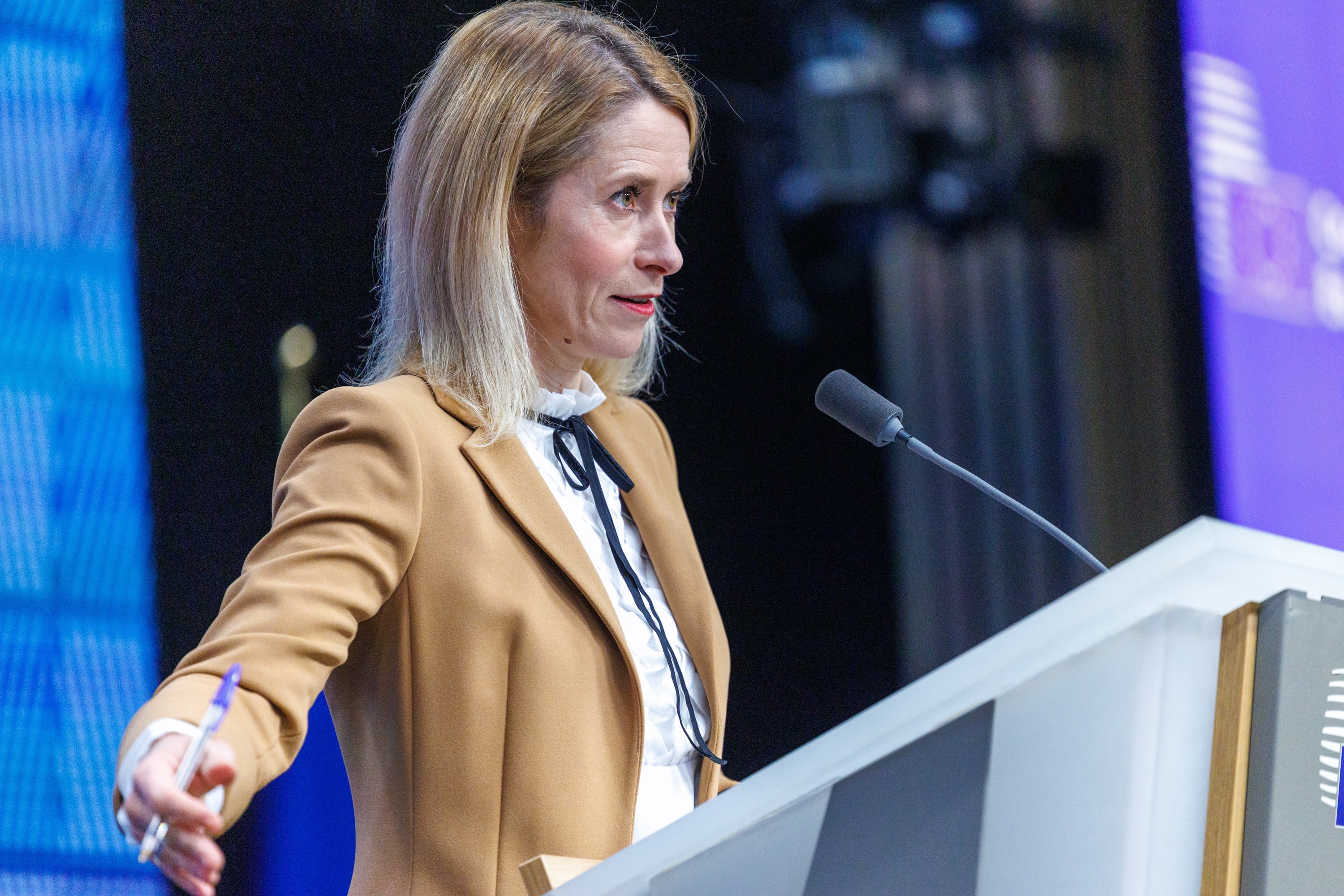 La Alta Representante de la Unión Europea para Asuntos Exteriores y Política de Seguridad, Kaja Kallas, interviene en una rueda de prensa sobre el Consejo de Ministros de Defensa de la UE en Bruselas