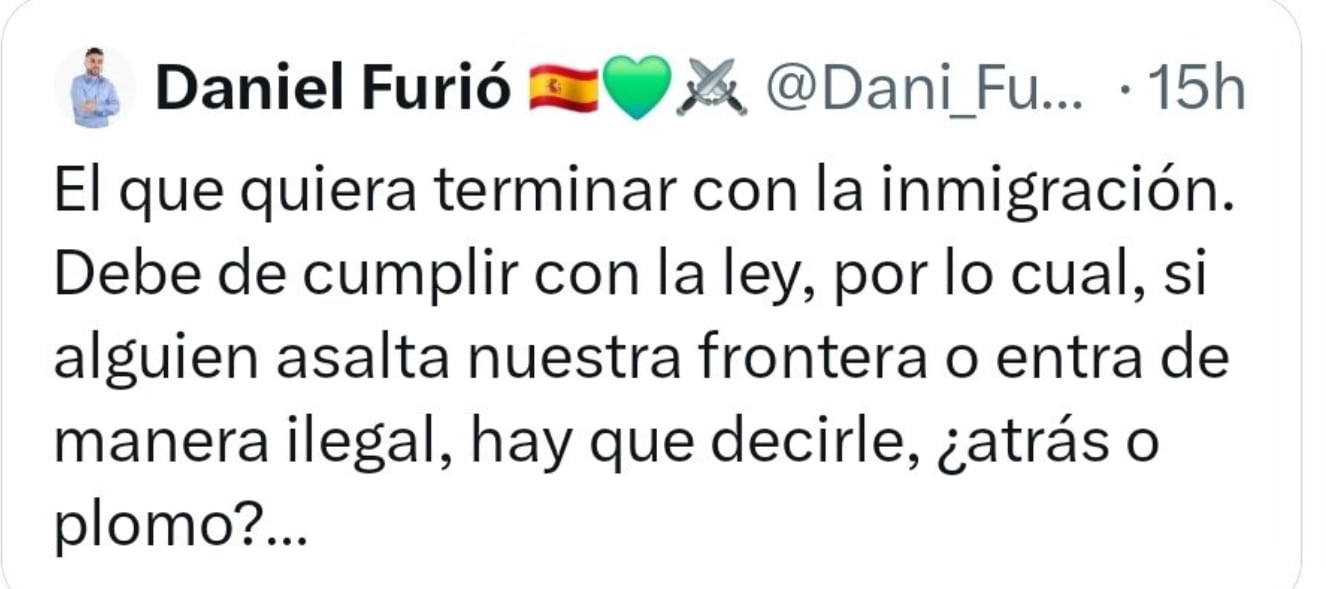 Captura del tweet que el edil de Vox en Paiporta, Daniel Furió, escribió en su cuenta de &#039;X&#039; sobre la inmigración.