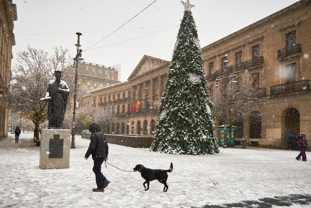 Un hombre pasea a su perro sobre la nieve en Pamplona.