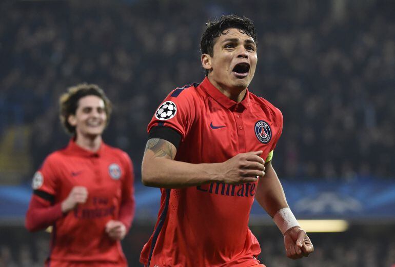 Football - Chelsea v Paris St Germain - UEFA Champions League Second Round Second Leg - Stamford Bridge, London, England - 11/3/15 Thiago Silva celebrates after scoring the second goal for PSG
 Reuters / Toby Melville
 Livepic
 EDITORIAL USE ONLY.