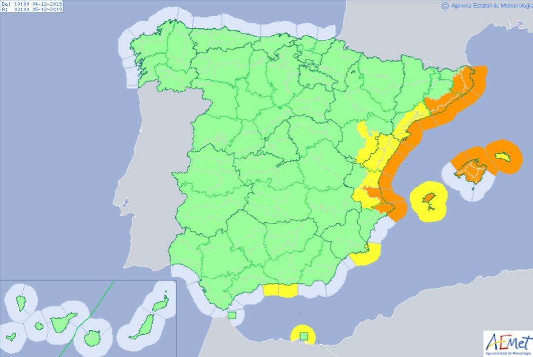 Mapa de alertas de Aemet, en naranja la Safor y su litoral 