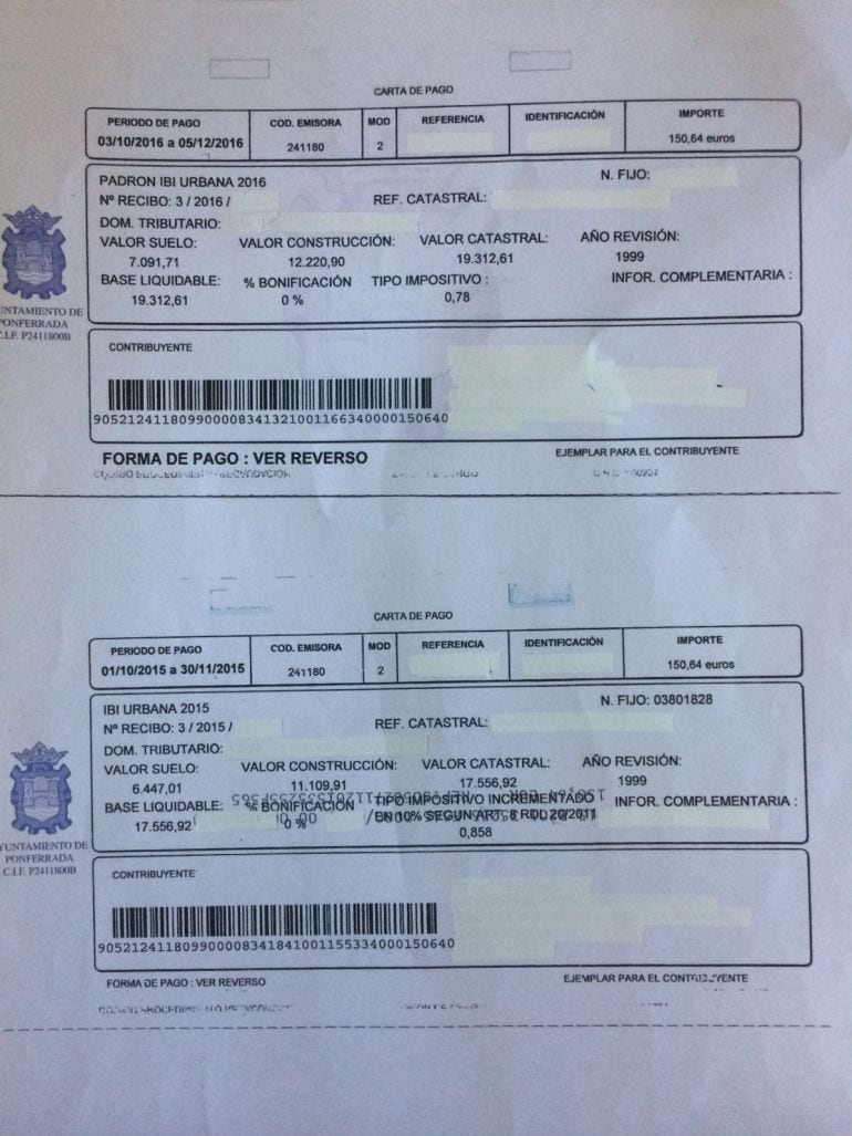 Copia comparativa de los recibos del IBI del año 2015 y el 2016.