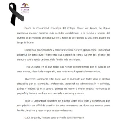 Comunicado del Colegio Claret de Aranda de Duero.