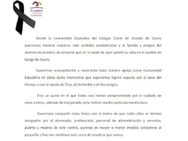 Comunicado del Colegio Claret de Aranda de Duero.