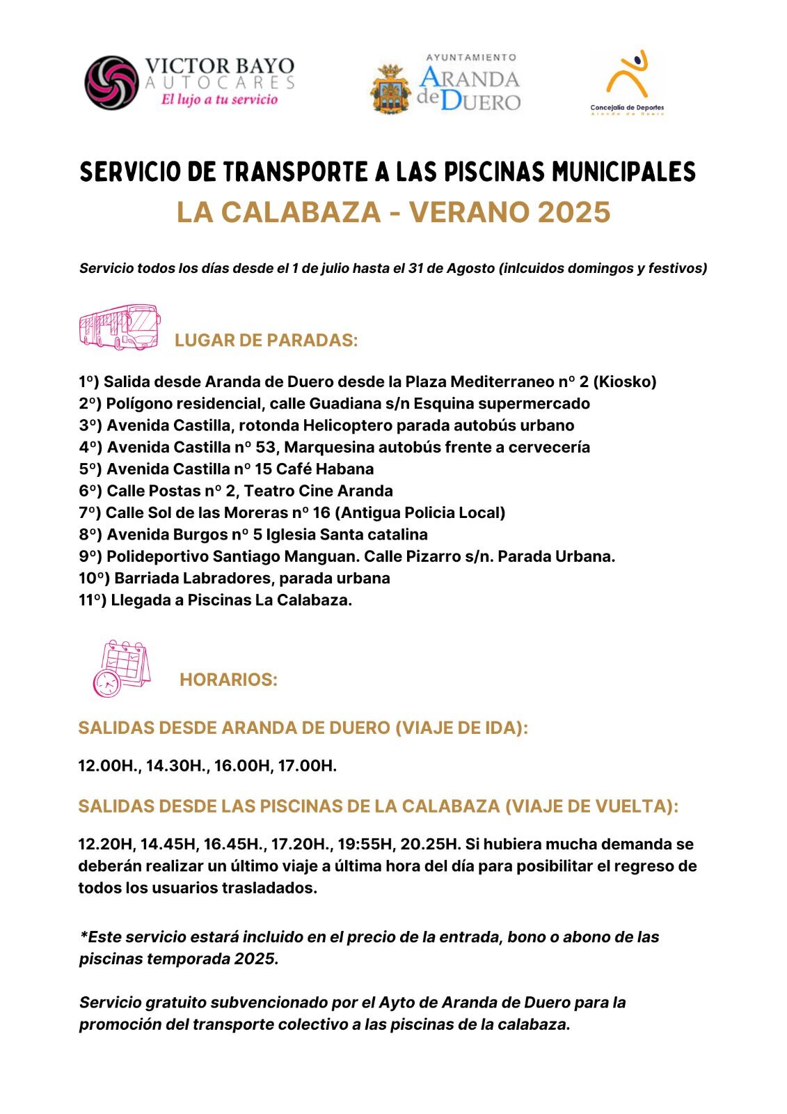 Hoja de Rutas y Horarios 2025 buses a la piscina La Calabaza de Aranda