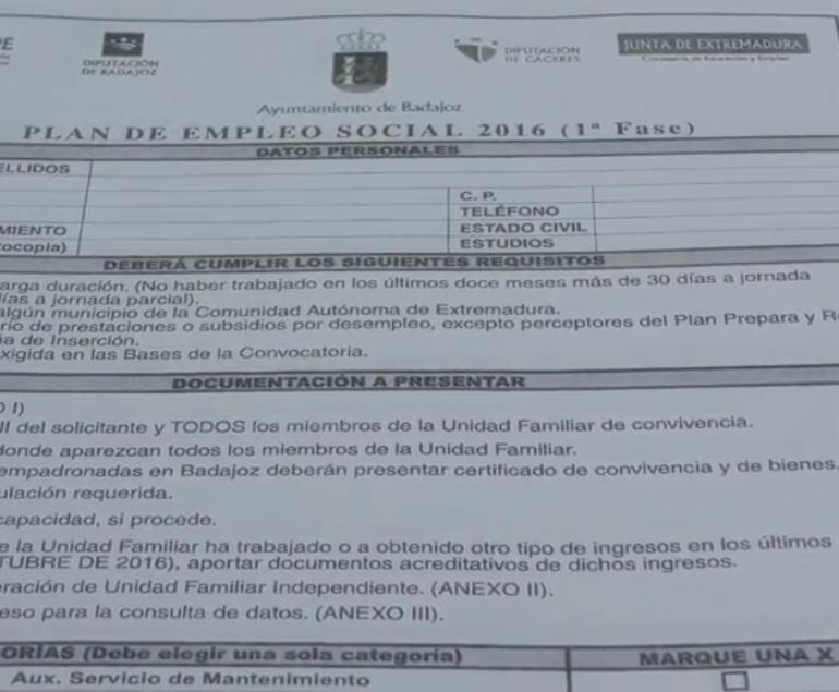 Formulario para optar a las plazas que oferta el Plan de Empleo Social.