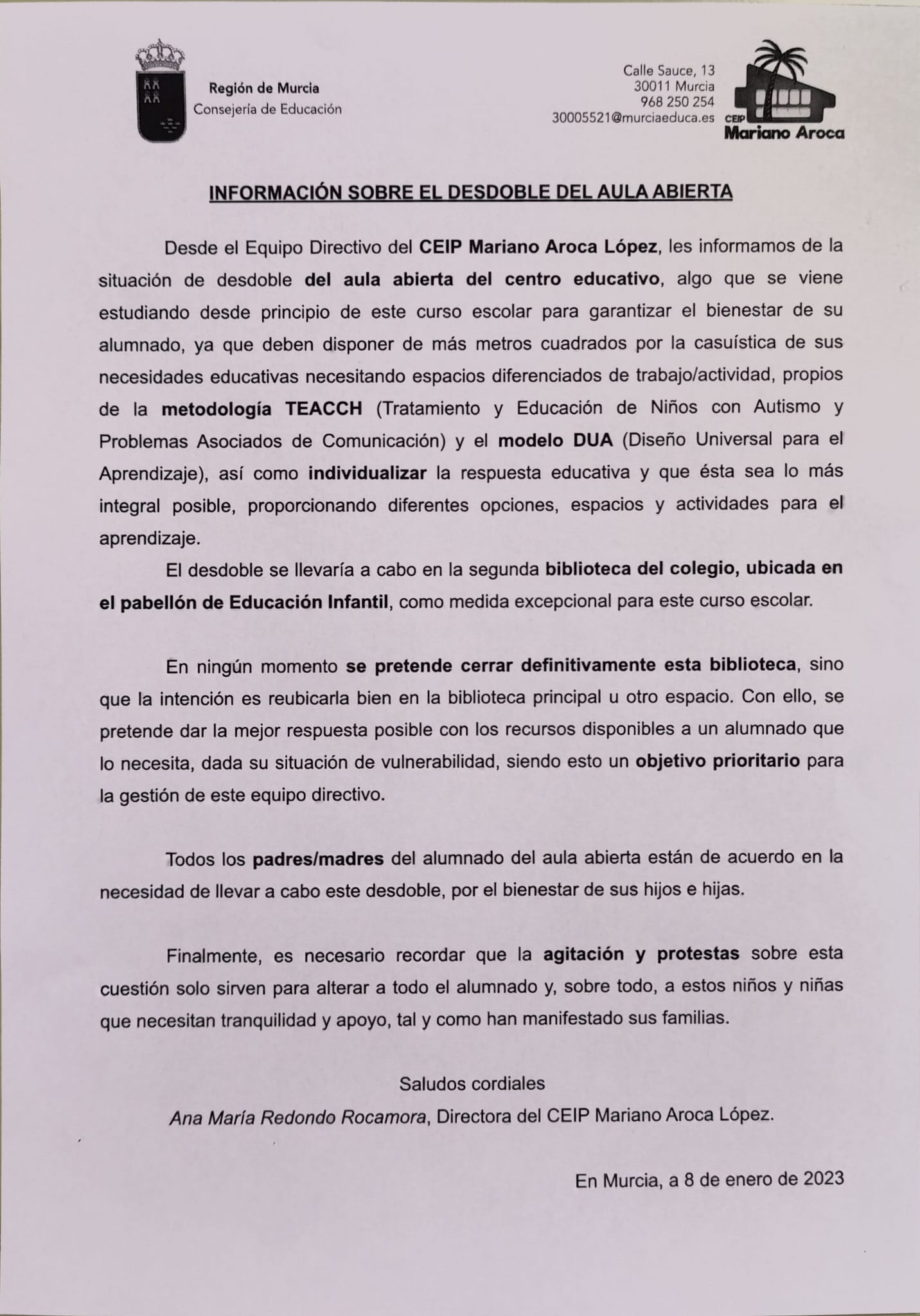 Este es el comunicado de la dirección que el CEIP Mariano Aroca ha remitido a los padres