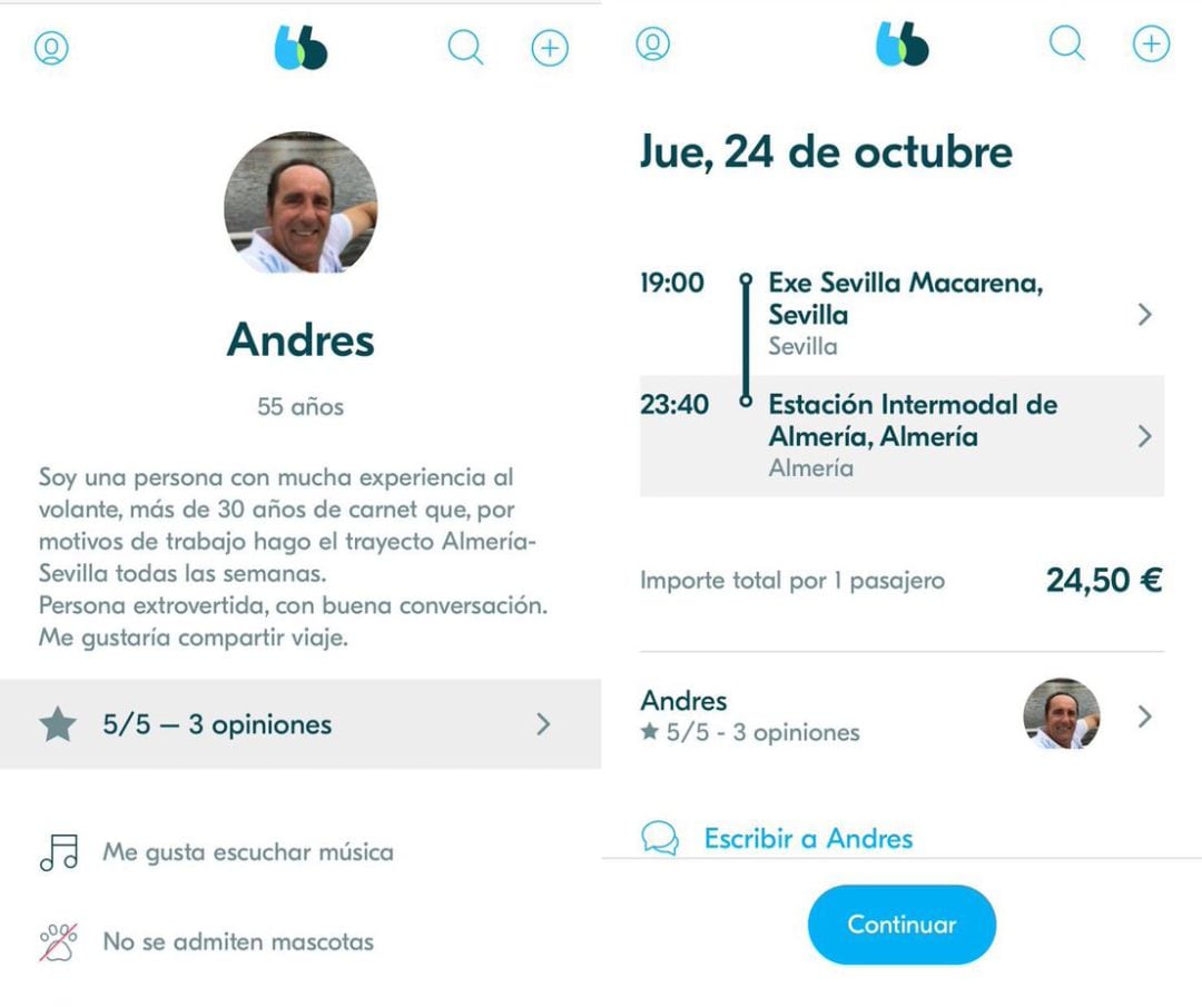 Cuenta en Blablacar del diputado Andrés Samper.