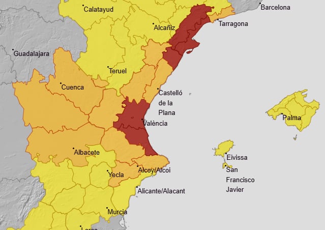 Mapa de la Aemet por avisos por lluvias torrenciales este lunes.