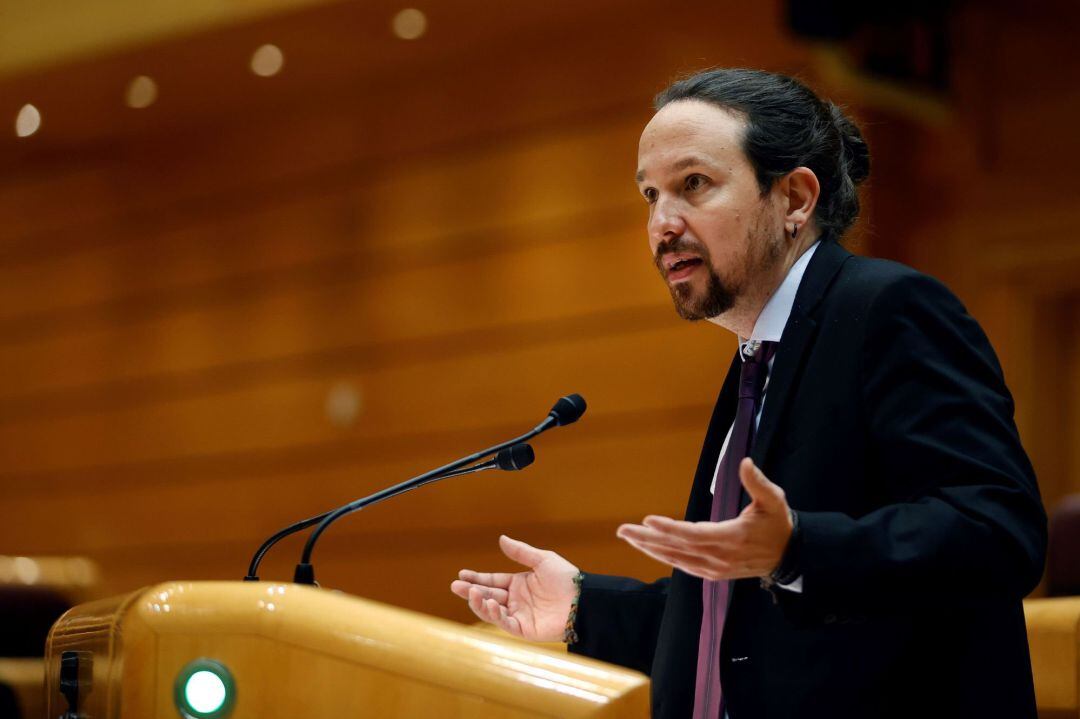 El vicepresidente segundo y ministro de Derechos Sociales y Agenda 2030, Pablo Iglesias, interviene durante la sesión de control al Gobierno celebrada esta tarde en el Senado. 