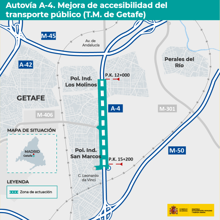 Así serán las actuaciones que realice el Mitma en la A-4 a su paso por Getafe.