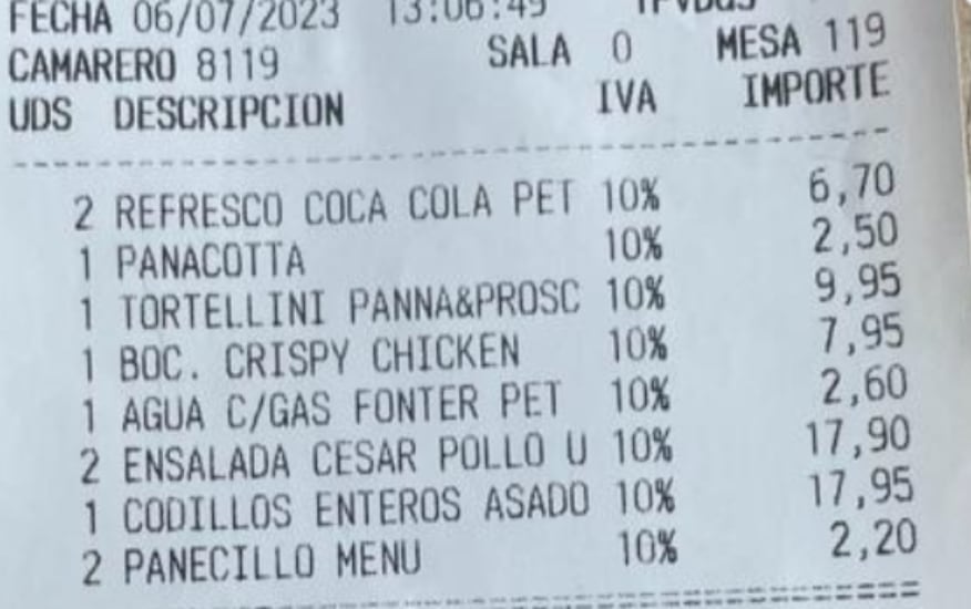 El ticket compartido por @SoyCamarero
