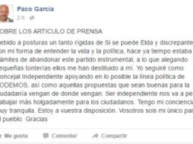 Declaraciones del edil de Sí se puede Elda