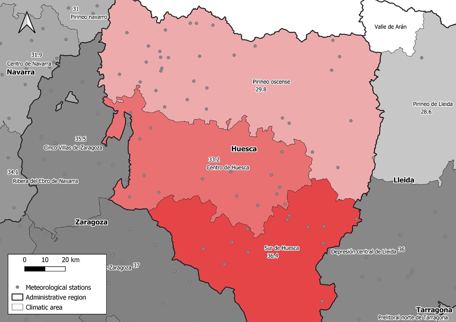 Mapa de temperaturas a las que se disparan las muertes por calor dentro de la provincia de HuescaInstituto de salud Carlos III