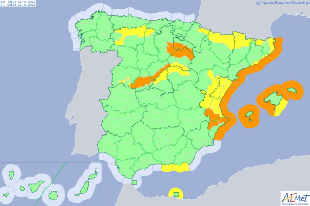 Mapa de alertas meteorológicas para el domingo y lunes