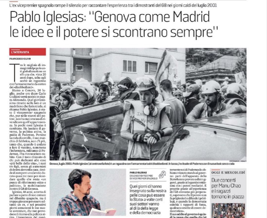 Imagen de la entrevista a Pablo Iglesias en el diario italiano &#039;La Stampa&#039;.