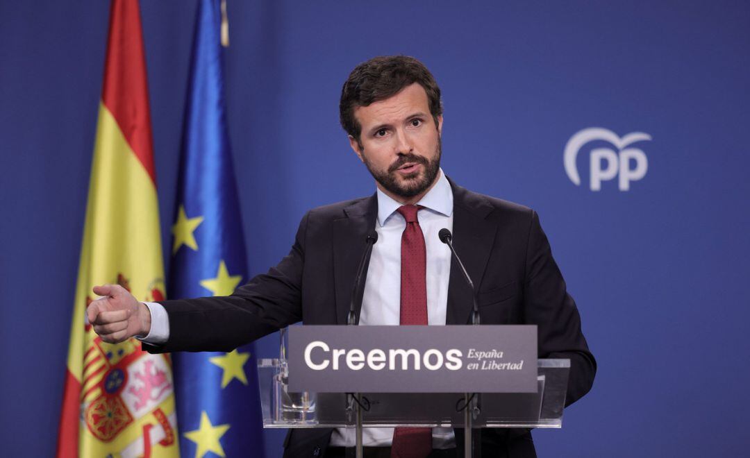 El presidente del PP, Pablo Casado, durante una rueda de prensa en la sede del partido, a 29 de julio de 2021, en Madrid (España).