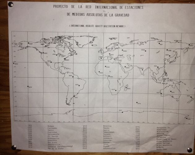 Mapa con el proyecto de la red internacional de estaciones de medidas absolutas de la gravedad.