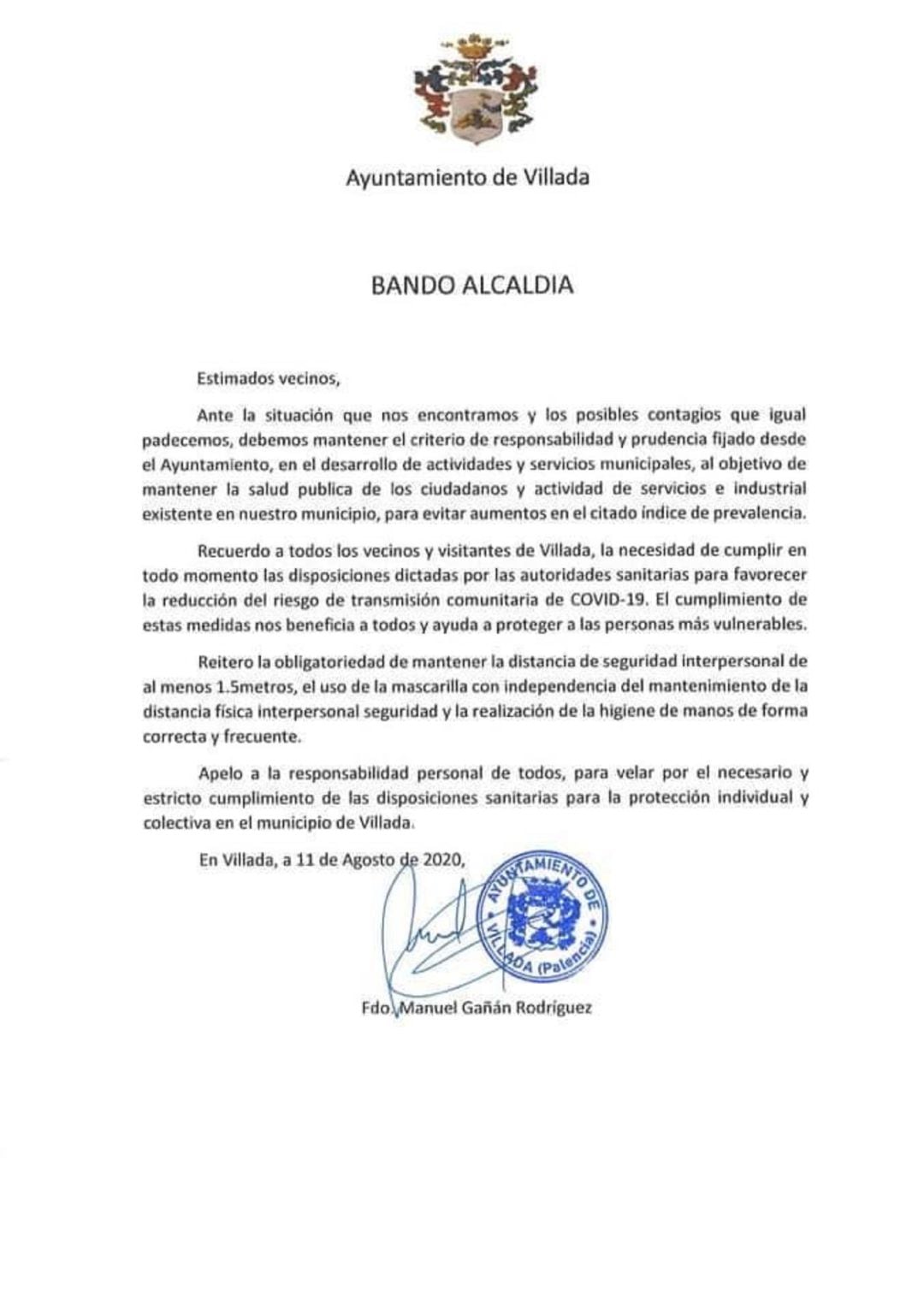 Bando emitido por el Ayuntamiento de Villada (Palencia)